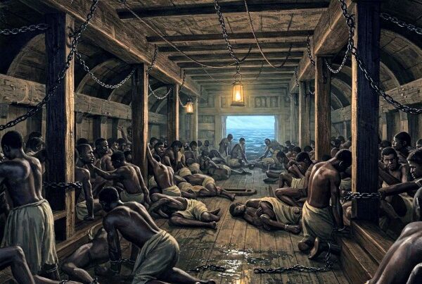The image shows the crowded, dark lower deck of a slave ship, filled with chained African slaves, their faces reflecting despair and the inhumane conditions of their journey