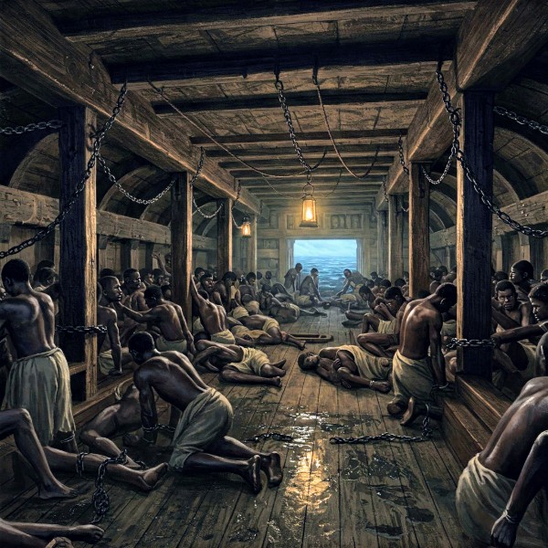 The image shows the crowded, dark lower deck of a slave ship, filled with chained African slaves, their faces reflecting despair and the inhumane conditions of their journey