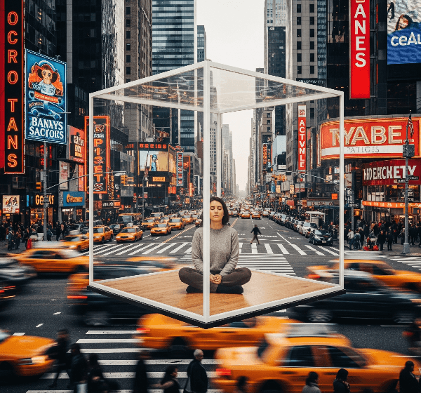 A person meditates silently within a glass cube in a bustling, blurred city, unnoticed by the surrounding hustle and bustle.