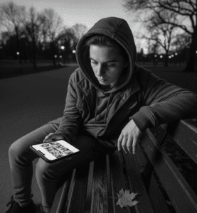 A person in a hoodie looks at a phone on a park bench at dusk.
