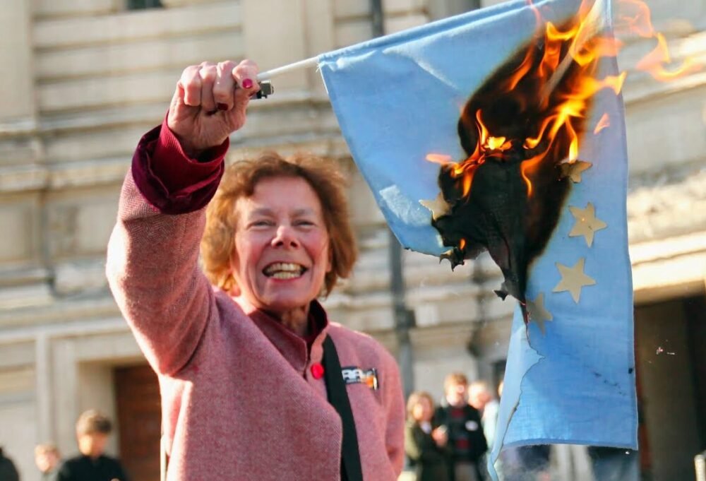 A jublilant smiling lady burning an EU flag in the Brexit Aftermath - Skendong Poetry