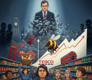 An abstract illustration of Brexit, showing a looming economist, a crumbling landscape, a person holding mushrooms, and a large bee flying over a graph.