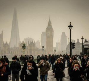A moody, smog-choked view of the London skyline with people on the street covering their faces.