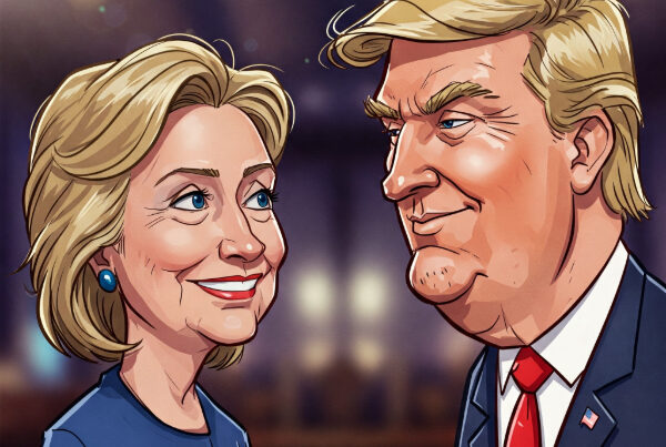 The image shows cartoon caricatures of Hillary Clinton and Donald Trump looking at each other. Clinton has a slight smile, and Trump has a slight smirk.