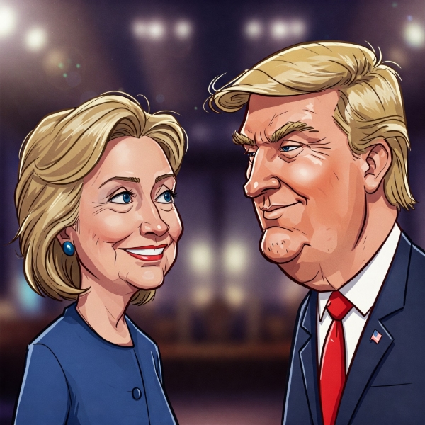The image shows cartoon caricatures of Hillary Clinton and Donald Trump looking at each other. Clinton has a slight smile, and Trump has a slight smirk.