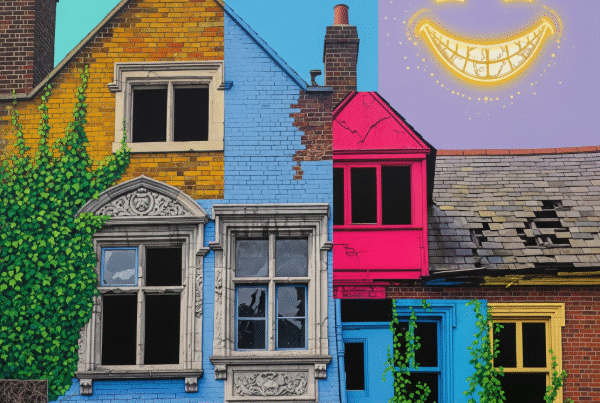 A fragmented, colorful illustration of a Grade II listed building, featuring a golden, glowing smile floating in the upper right corner.