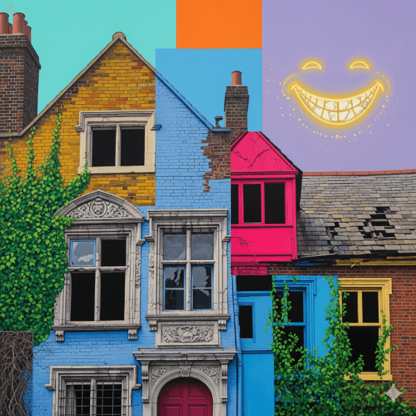 A fragmented, colorful illustration of a Grade II listed building, featuring a golden, glowing smile floating in the upper right corner.