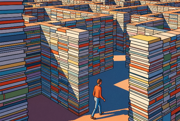 An image of a person walking through a bright, colorful maze constructed from stacks of books.