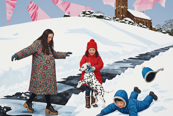 A vibrant, snowy scene with a pregnant woman, two children, a dog, and a church on a hill under a pale blue sky with pink abstract shapes.