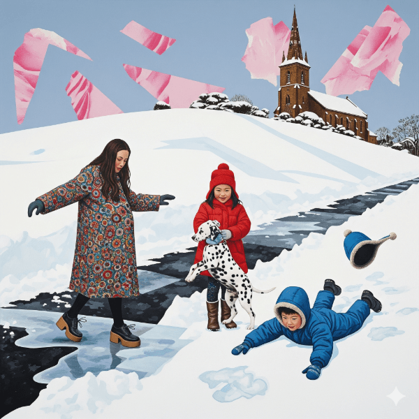 A vibrant, snowy scene with a pregnant woman, two children, a dog, and a church on a hill under a pale blue sky with pink abstract shapes.