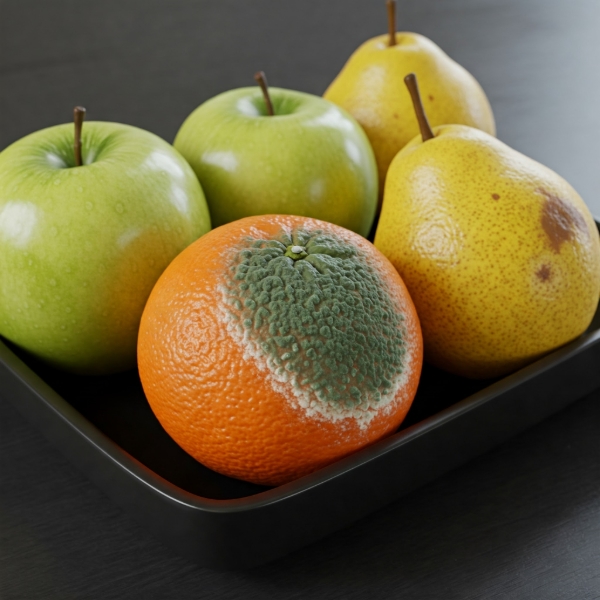 Orange tangerine with green mold in a black bowl, surrounded by green apples and yellow pears.