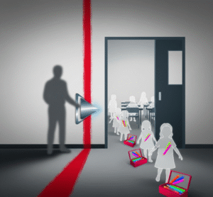 An abstract image depicting a red line, a shadowy security figure with a metal detector, and silhouetted children.