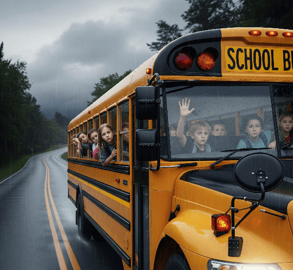 American children on a school bus with a look of trepidation on their faces.