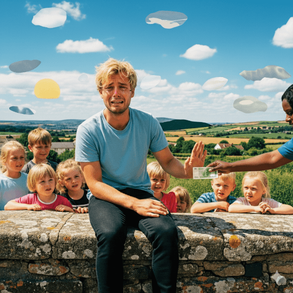 A crying man sits on a stone wall, surrounded by children, as a Black woman offers him a 20-pound note, which he gently refuses