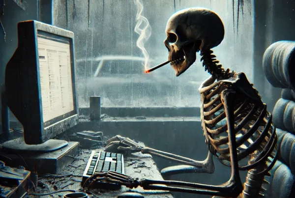 A surreal atmospheric image of a skeleton sitting at a cluttered desk in front of a computer screen with a cigarette hanging from its-mouth.