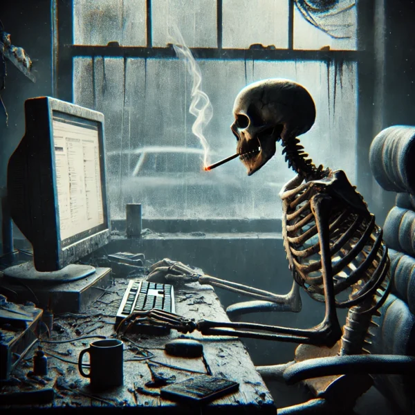 A surreal atmospheric image of a skeleton sitting at a cluttered desk in front of a computer screen with a cigarette hanging from its-mouth.