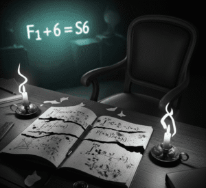 A surreal image of a desk with an obscure notebok with symbols with two candles either side before an empty black desk chair.