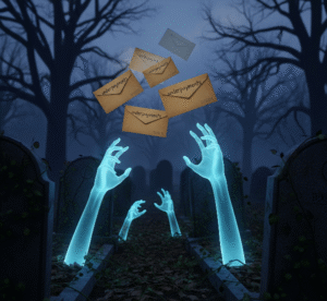 Ghostly hands reaching from graves toward envelopes marked “underpayments.”