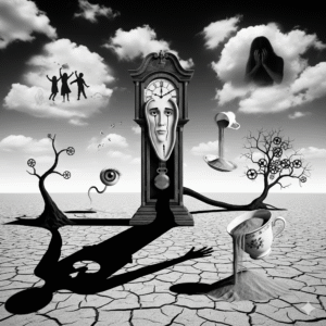 Surreal black-and-white desert scene with melting clock, heart-shadowed figure, and floating objects.