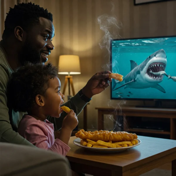 man eating fish and chips with his daughter, watching tv as a shark is about to eat a fish