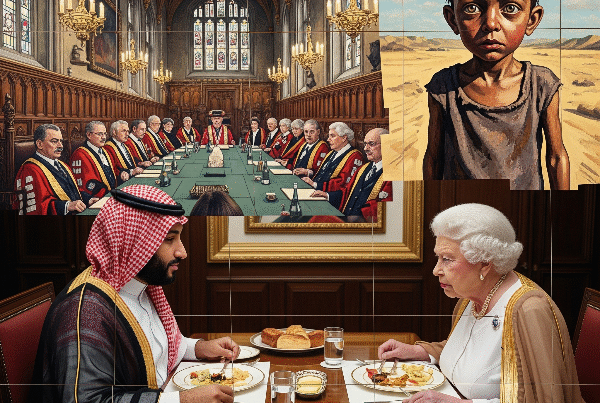 Collage shows the Saudi Crown Prince and Queen Elizabeth II at lunch, juxtaposed with an image of a hungry child in a desert and lords in an ancient chamber.