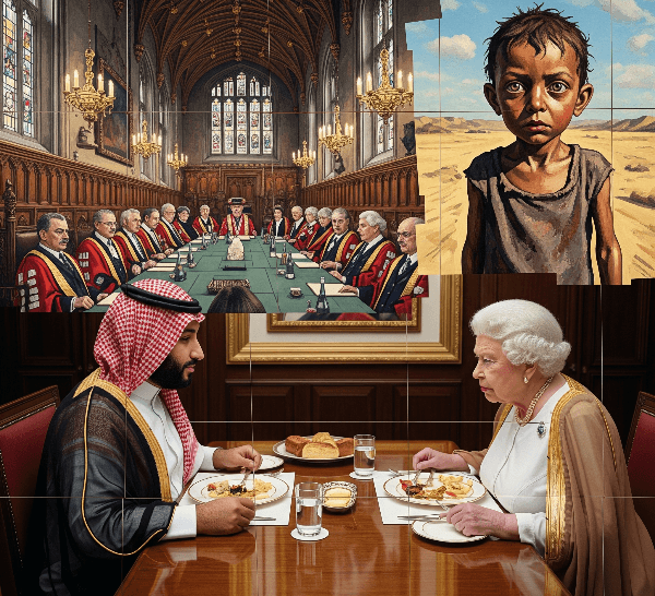 Collage shows the Saudi Crown Prince and Queen Elizabeth II at lunch, juxtaposed with an image of a hungry child in a desert and lords in an ancient chamber.