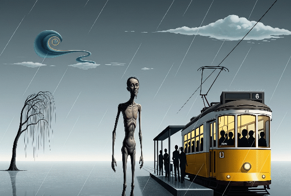 Surreal rainy street scene with an elongated figure, yellow tram, and distant weeping tree.