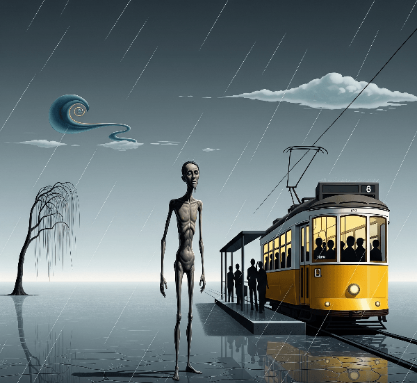 Surreal rainy street scene with an elongated figure, yellow tram, and distant weeping tree.
