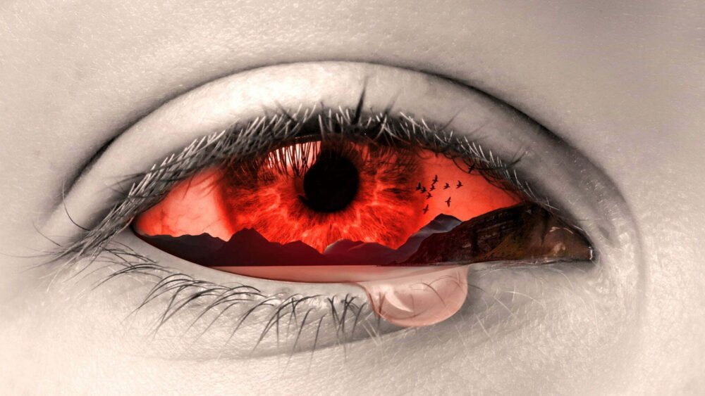 a painting of a red eye shedding a tear