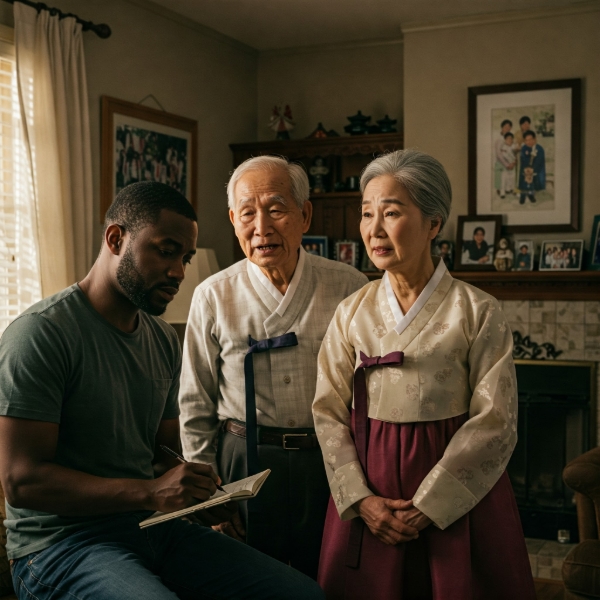 An elderly Korean couple, the man speaking with gentle emotion, stand in their warmly lit living room filled with family photos and Korean art. A young Black man sits attentively, writing in a notebook as he listens to their story of family across the Korean border.