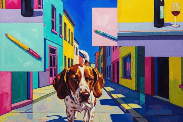 Painting of a dog walking on a fragmented street with bright, contrasting colors and a collage-like quality.