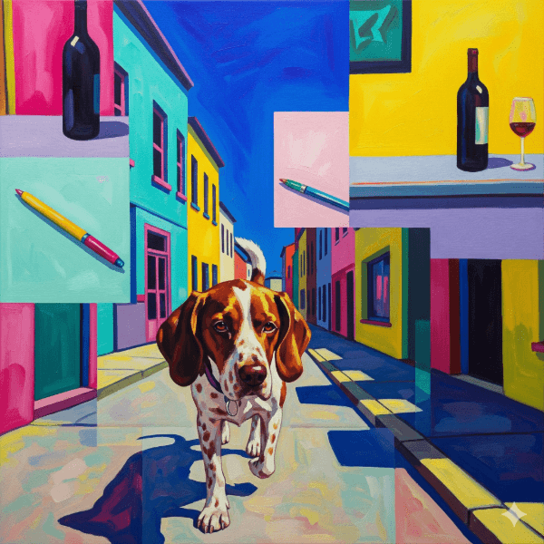 Painting of a dog walking on a fragmented street with bright, contrasting colors and a collage-like quality.