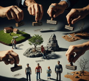 A surreal image of multiple hands stamping labels like "OWNED" and "CLASSIFIED" on miniature landscapes and human figures.