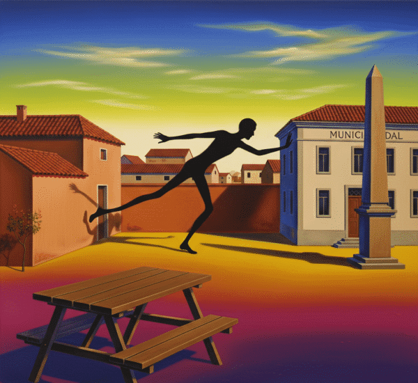 A minimalist surrealist painting of a tall, thin figure running from a municipal building and obelisk towards a picnic table.