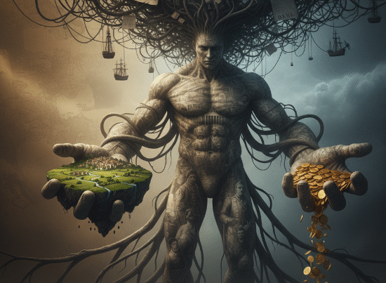 Surreal image of a monstrous brute with long arms holding landscapes and coins, surrounded by ghostly figures and historical symbols connected by a dark web.