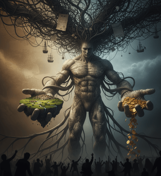 Surreal image of a monstrous brute with long arms holding landscapes and coins, surrounded by ghostly figures and historical symbols connected by a dark web.