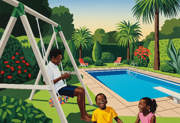 A colorful, stylized image of an adult on a swing looking at a phone, with two children laughing on the grass nearby, all in a sunny garden setting with a pool and palm trees.