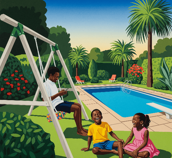 A colorful, stylized image of an adult on a swing looking at a phone, with two children laughing on the grass nearby, all in a sunny garden setting with a pool and palm trees.