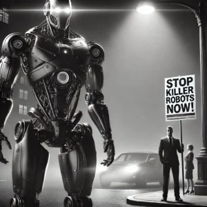 Futuristic humanoid robot under a streetlight at night (Skendong Poetry).