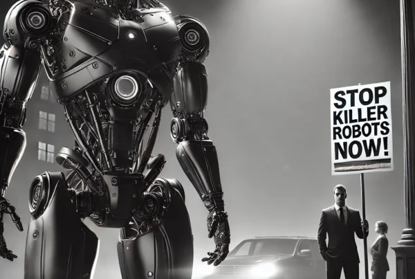 A modern realistic black and white image of a futuristic humanoid robot standing under a streetlight at night Skendong Poetry