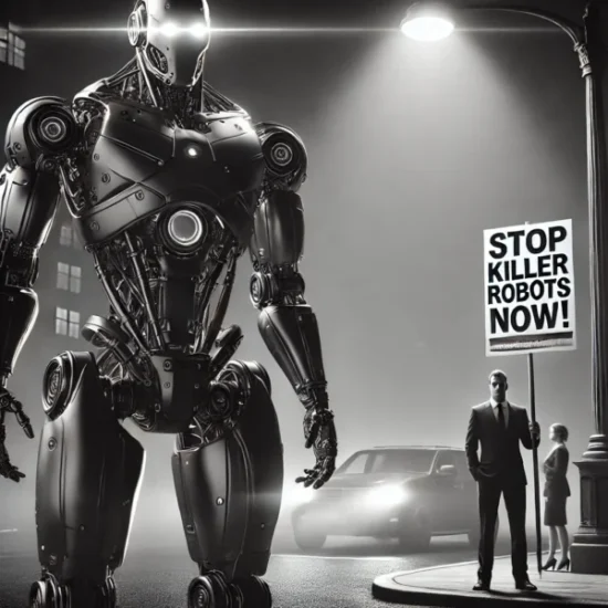 Futuristic humanoid robot under a streetlight at night (Skendong Poetry).