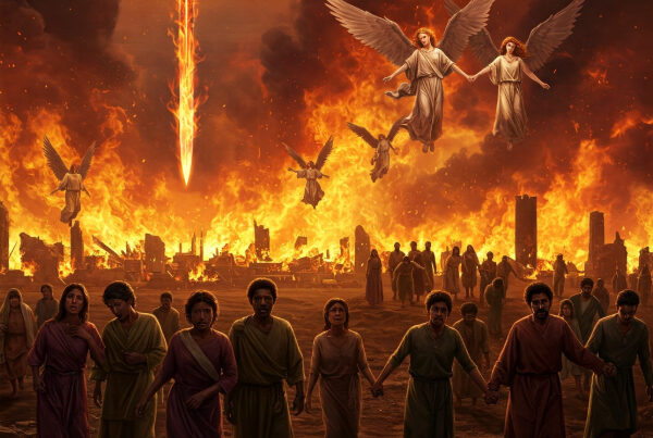 image depicting paradise lost with homeless poeple holding hands, fiery fire, a flaming sword and angelic figures