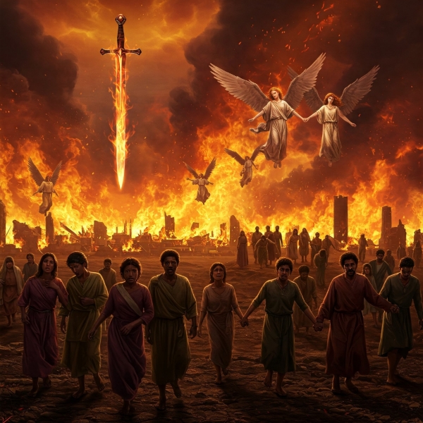 image depicting paradise lost with homeless poeple holding hands, fiery fire, a flaming sword and angelic figures