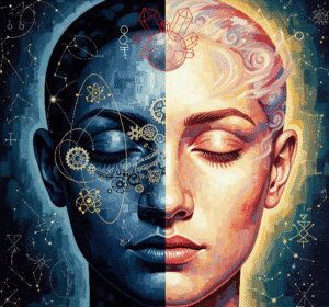 Image generated for Skendong Poetry of a human figure - half of their face dark the other light with ancient symbols floating in the image.