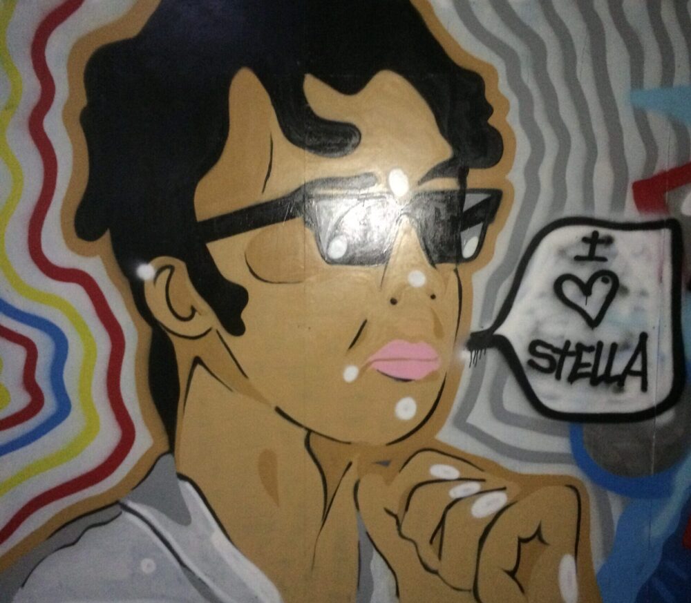 a painting of a man looking cool, contemplating in dark shades