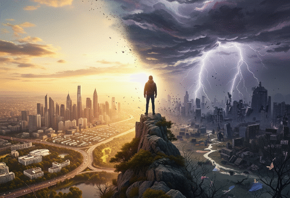 A figure stands on a cliff overlooking a cityscape split between bright success and stormy failure.