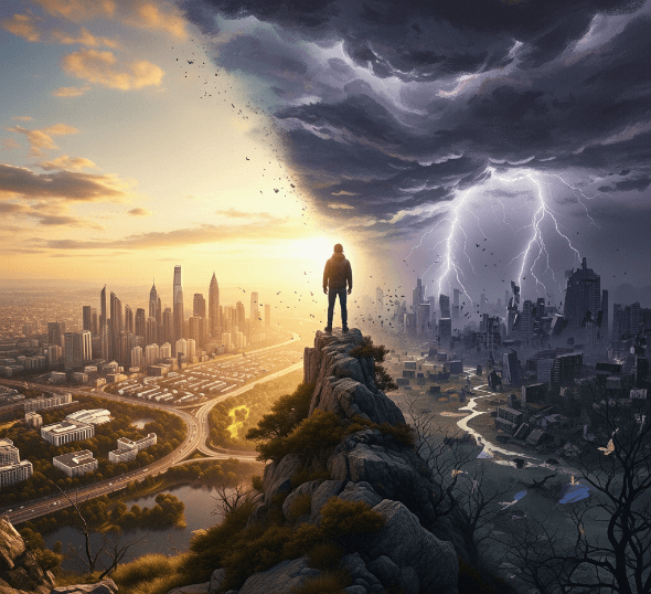 A figure stands on a cliff overlooking a cityscape split between bright success and stormy failure.