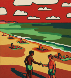 Painting of a sunny Playa del Carmen beach with a Black man and a white man exchanging something.