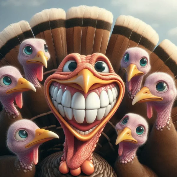 A-turkey-showing-off-gleaming-turkey-teeth-while-other-turkeys-look-on-bemused-