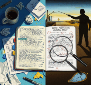 A split image shows a messy student notebook on the left and a heavily edited manuscript on the right, with a professor's shadow hovering above.